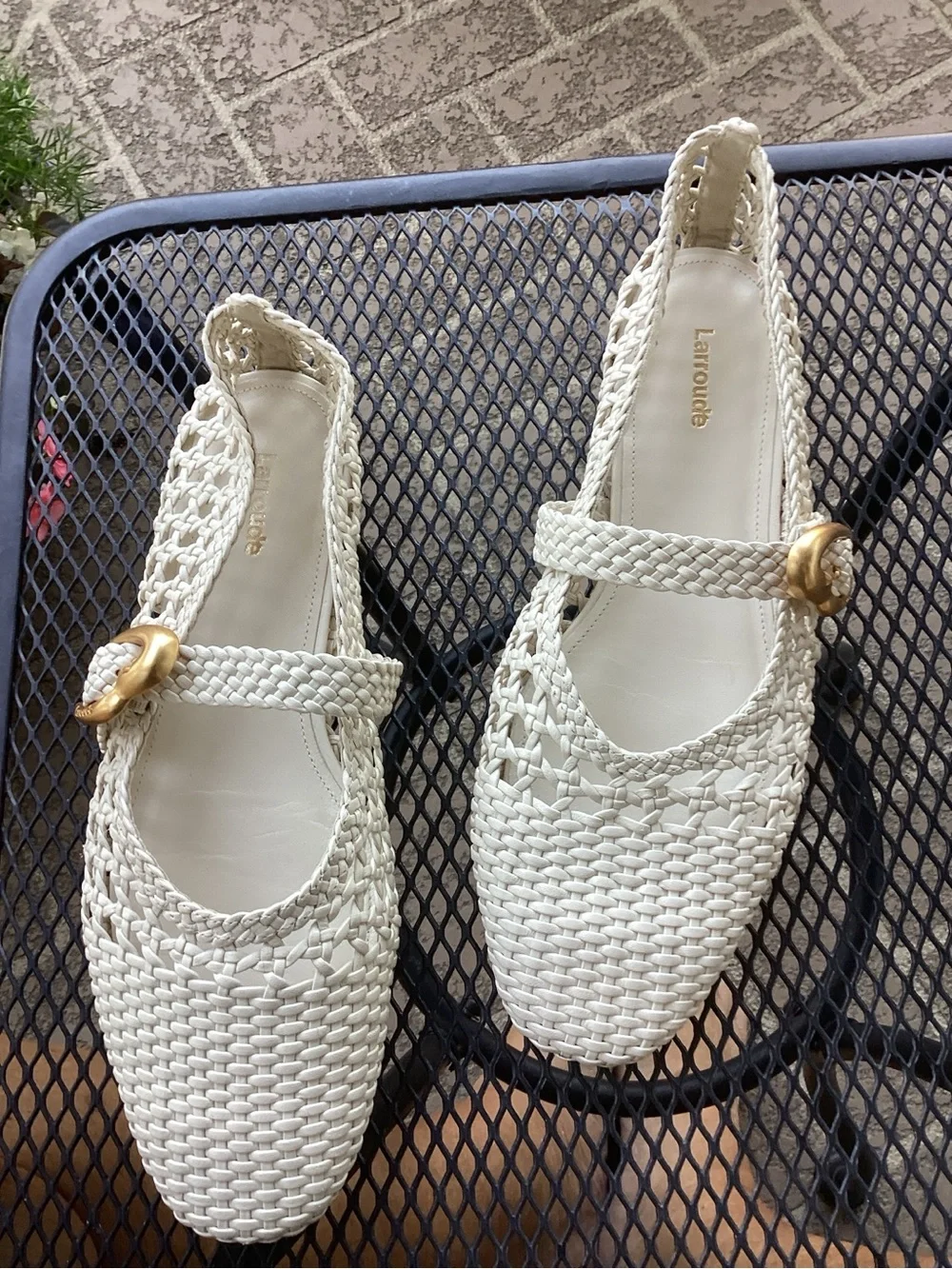 Larroude Woven Mary Jane Dress Shoes for Kids in Cream with Gold Buckle